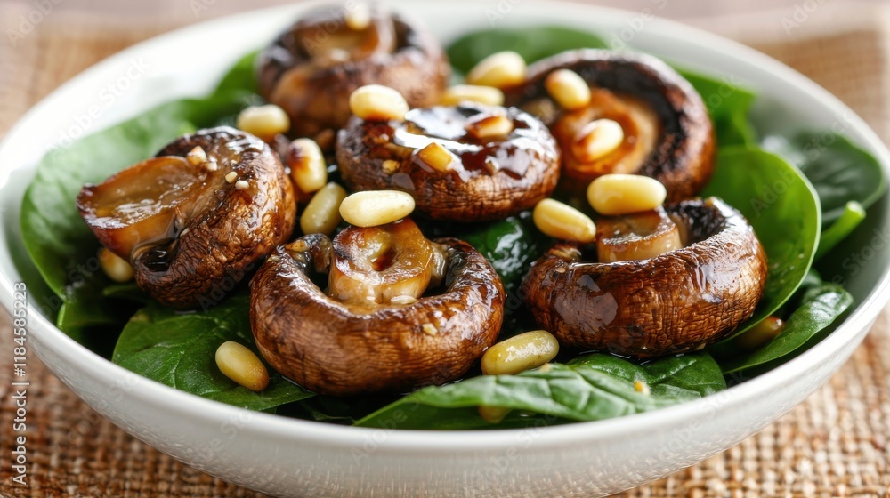 Appetizing Sauted Mushroom and Vegetable Bowl on Green Leafy Bed Appetizing Sauted Mushroom and Vegetable Bowl on Green Leafy Bed