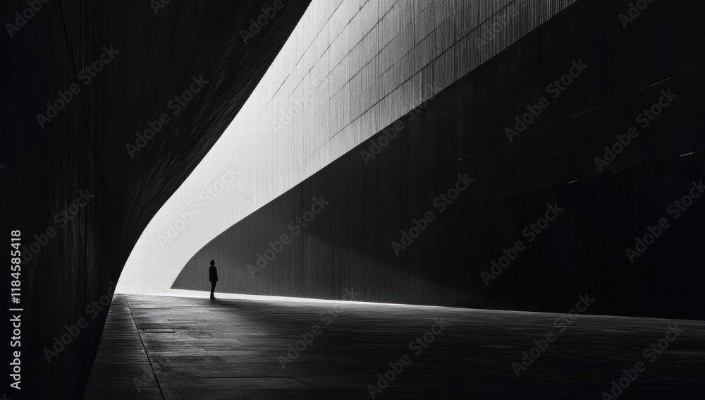 Obraz premium A person is walking down a long, dark tunnel