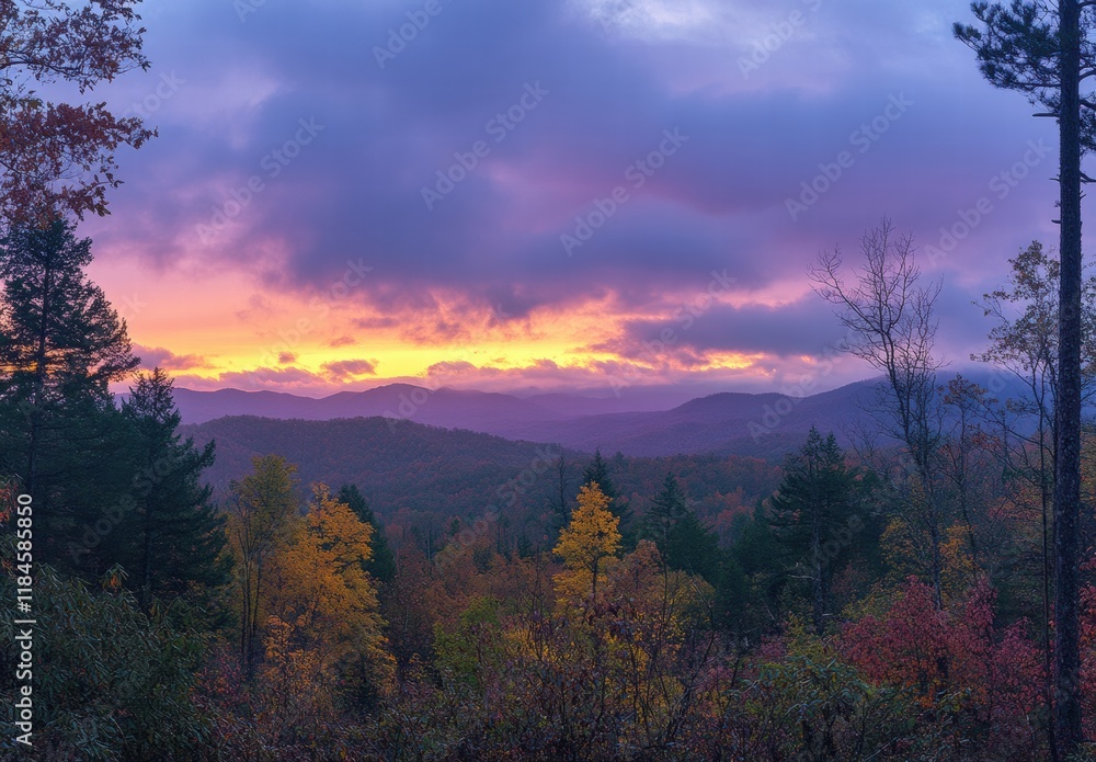A beautiful sunset over a mountain range with trees in the foreground A beautiful sunset over a mountain range with trees in the foreground