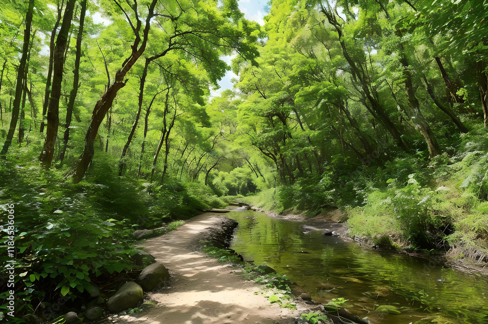 Obraz premium 川沿いの森林散策