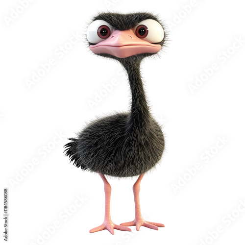 Cute 3D Cartoon Ostrich Character with Big Eyes and Fluffy Feathers on a transparent background
