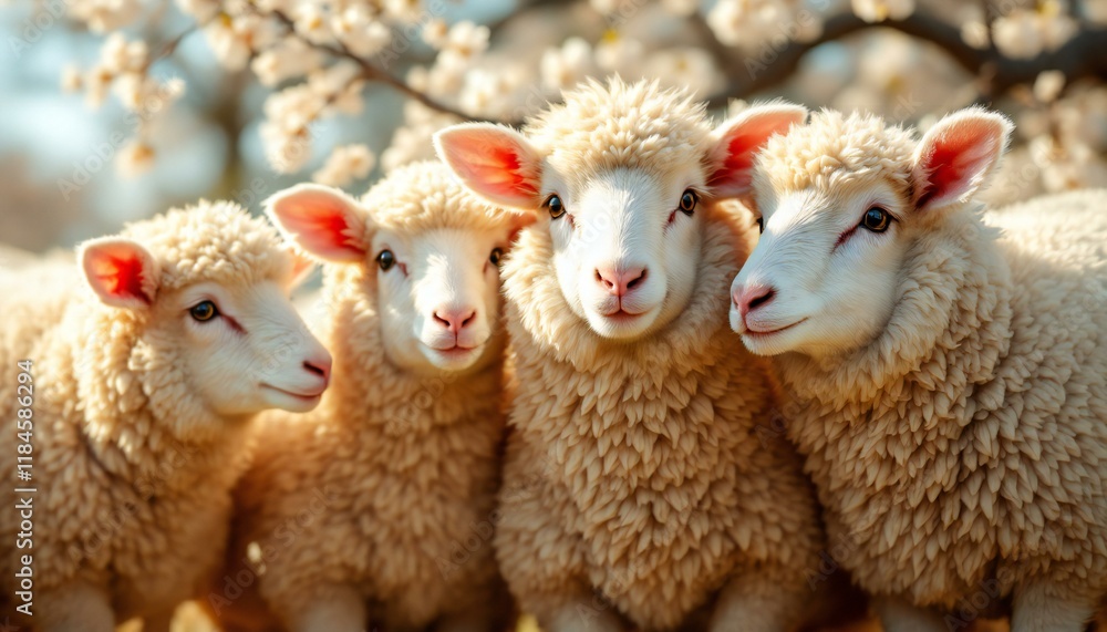 Obraz premium Adorable Lambs in a Spring Blossom Setting