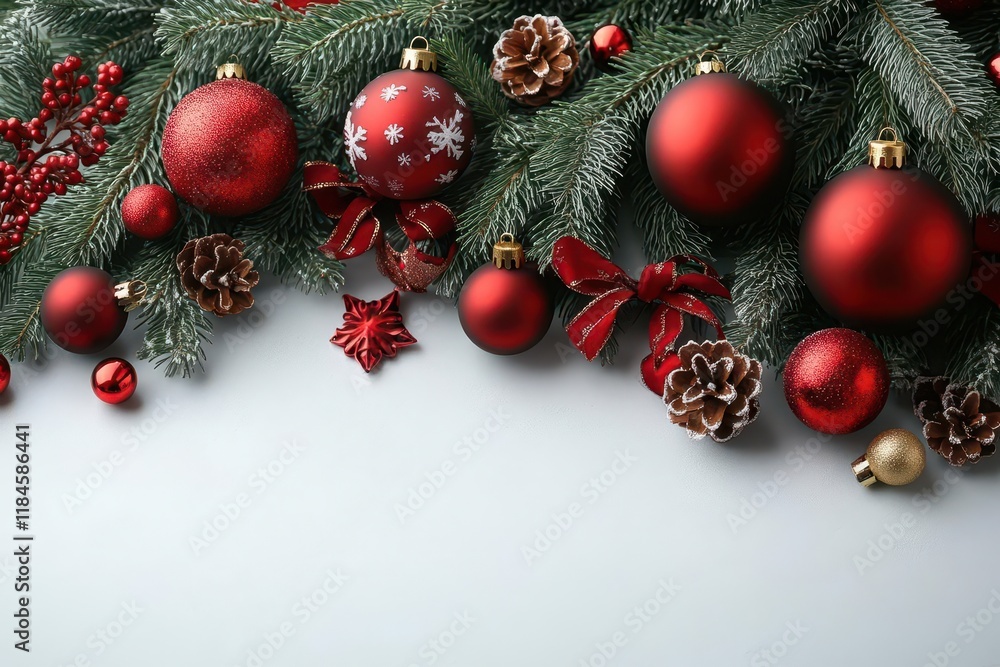 elegant christmas gift arrangement with natural pine branches red baubles and golden ribbon on modern minimalist white background with copy space elegant christmas gift arrangement with natural pine branches red baubles and golden ribbon on modern minimalist white background with copy space