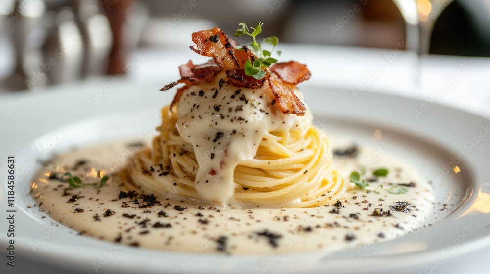 A plate of spaghetti carbonara with creamy sauce, crispy bacon, and black pepper on a white plate. A plate of spaghetti carbonara with creamy sauce, crispy bacon, and black pepper on a white plate.