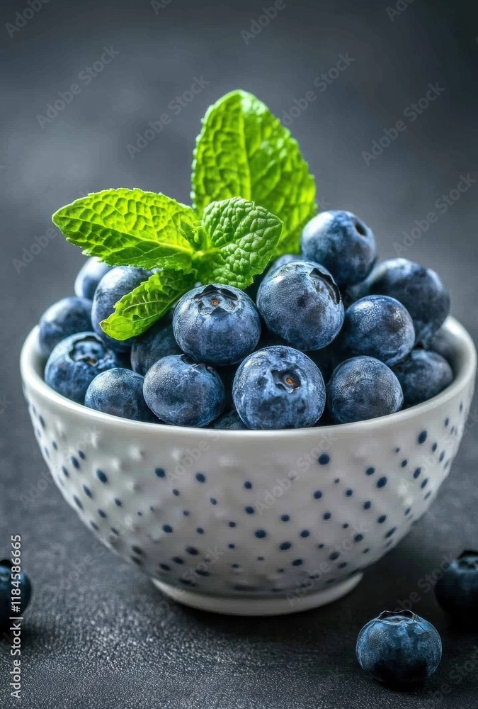 A bowl of blueberries with a green leaf on top A bowl of blueberries with a green leaf on top