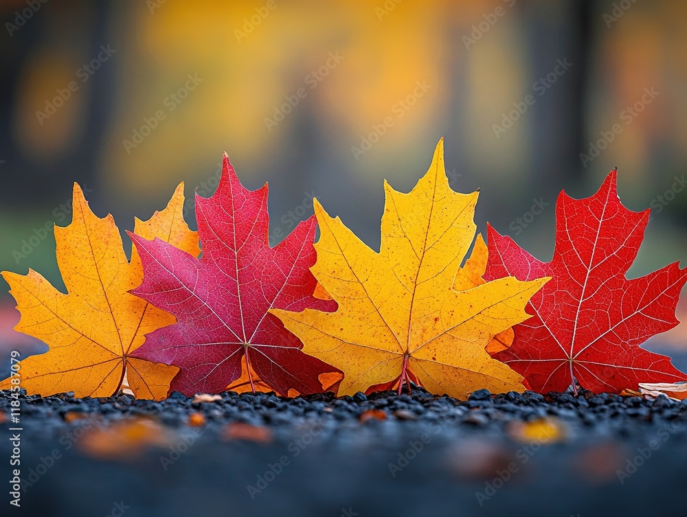 A vibrant arrangement of autumn leaves showcasing red and yellow hues on a blurred background. A vibrant arrangement of autumn leaves showcasing red and yellow hues on a blurred background.