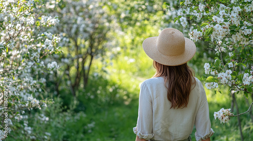 Fototapeta Naklejka Na Ścianę i Meble -  Rearview of a young woman wearing a straw hat, walking through the sunny backyard garden or park full of blossoming trees and flowers in the grass. summer or spring nature, copy space, femininity.