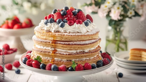 Wallpaper Mural A stack of pancakes topped with syrup, berries, and whipped cream.  Torontodigital.ca