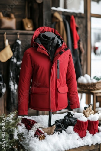 Winter jacket mockup on a mannequin, surrounded by snow and winter accessories photo