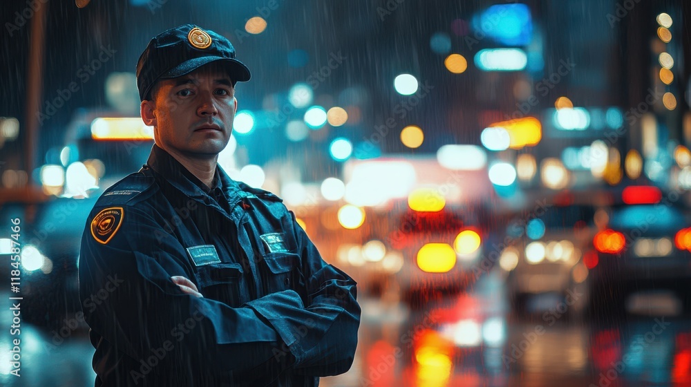 A professional security guard directing traffic in a busy intersection, standing confidently, maintaining control and organization amidst the chaos of vehicles. A professional security guard directing traffic in a busy intersection, standing confidently, maintaining control and organization amidst the chaos of vehicles.