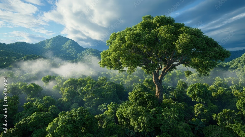 Majestic Wide View of a Lush Cloud Forest with Mist Swirling Around Towering Green Trees Beneath a Dramatic Sky at Dawn or Dusk Majestic Wide View of a Lush Cloud Forest with Mist Swirling Around Towering Green Trees Beneath a Dramatic Sky at Dawn or Dusk