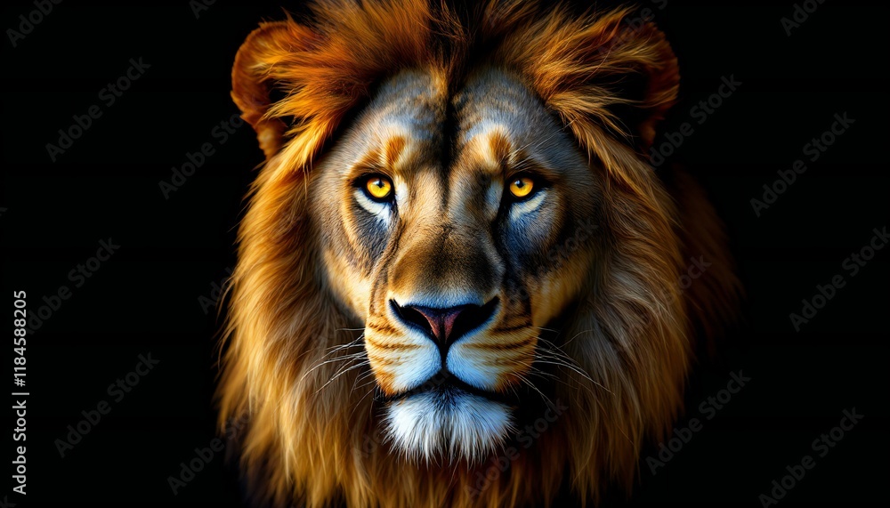 Naklejka premium Powerful Lion Portrait Against a Black Background