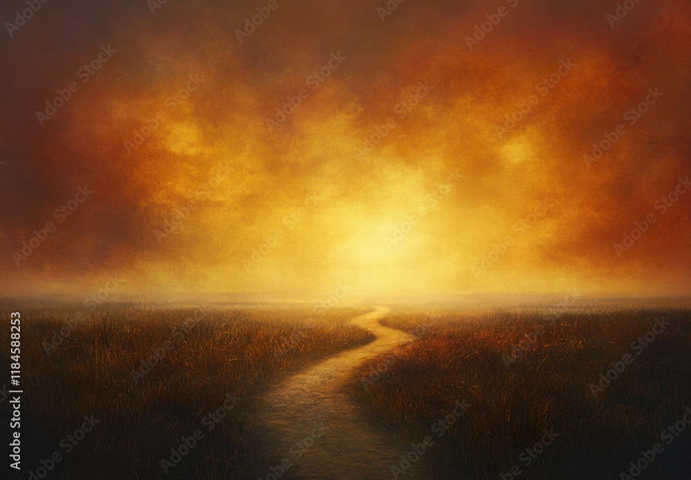 A painting of a long, narrow path in a field with a bright orange sky A painting of a long, narrow path in a field with a bright orange sky