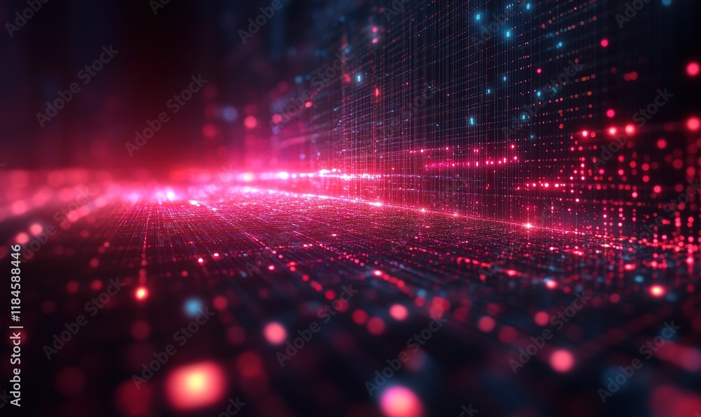 Obraz premium A vibrant digital landscape with glowing particles, representing data flow and technology.