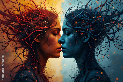 Metaphor bipolar disorder mind mental. Double face. Split personality. Concept mood disorder. Psychology. Dual personality concept. 2 Head silhouette.Mental health. Tangle and untangle photo