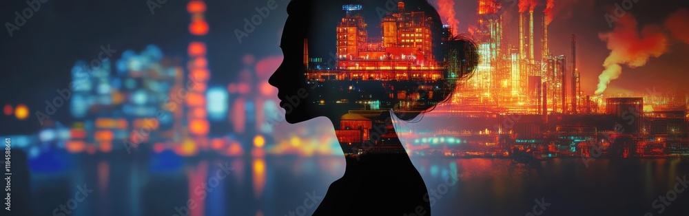 Obraz premium Surreal silhouette of a woman capturing the essence of the Industrial Revolution with vibrant machinery and factories