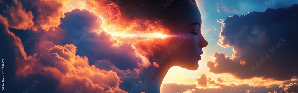 Surreal depiction of a glowing woman with radiant light merging with twilight clouds Surreal depiction of a glowing woman with radiant light merging with twilight clouds