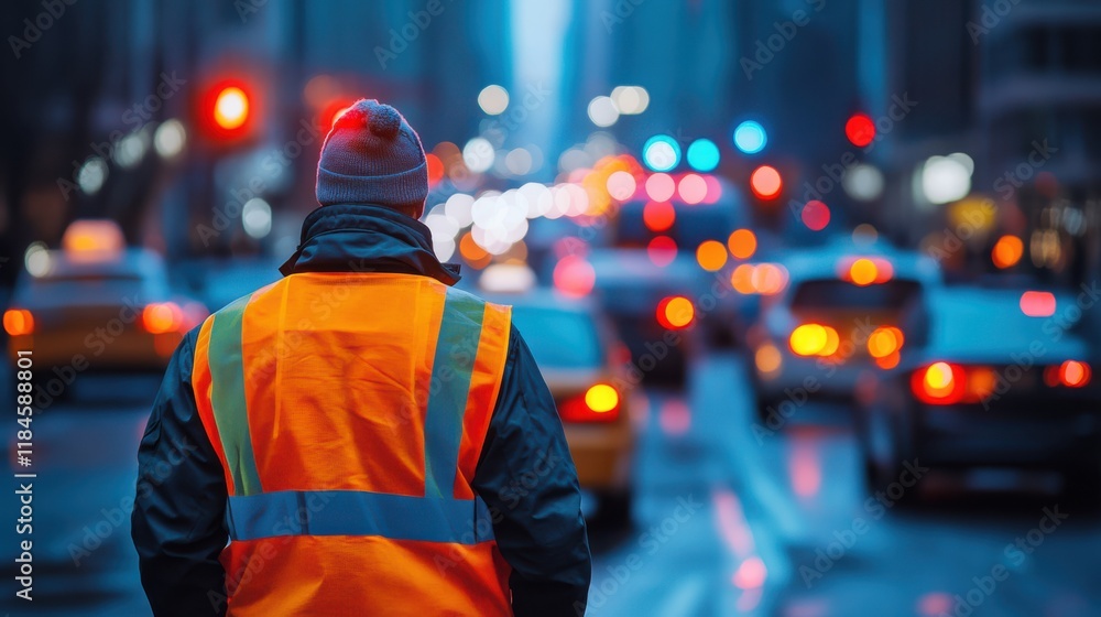 Fototapeta premium A vigilant traffic control officer managing the flow of vehicles, using bright signals to ensure safety and efficiency on a bustling city street during peak hours.
