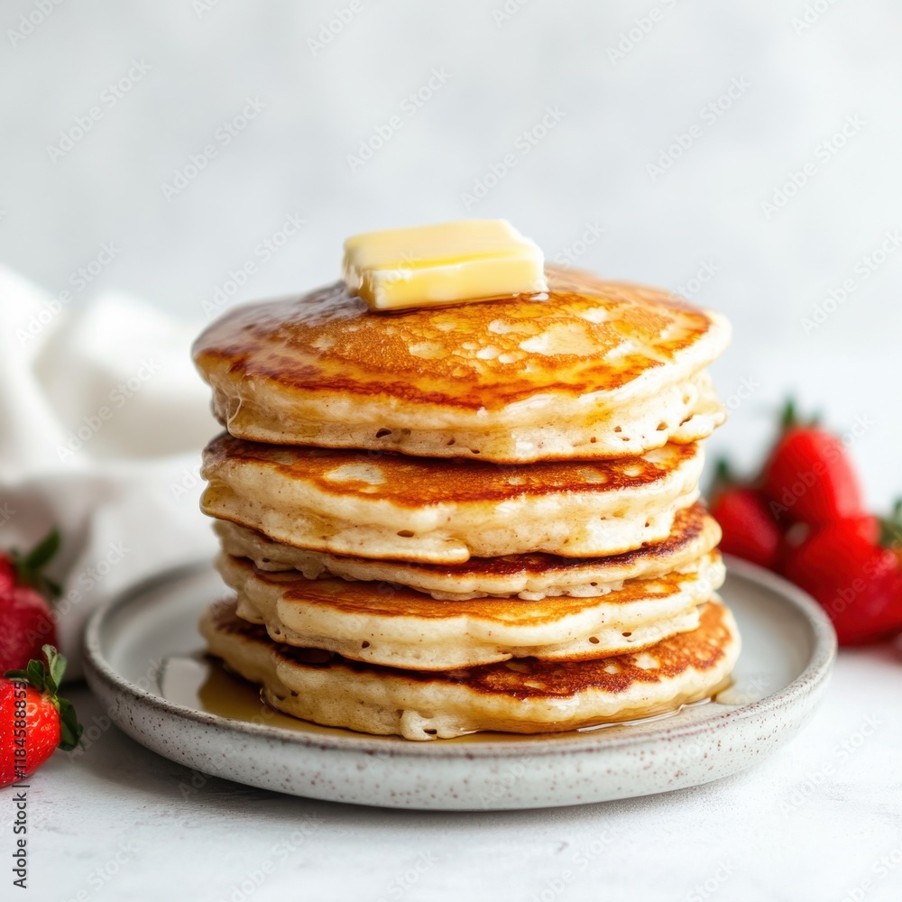 Fluffy buttermilk pancakes stacked high with butter on top and juicy strawberries on the side for a delightful breakfast Fluffy buttermilk pancakes stacked high with butter on top and juicy strawberries on the side for a delightful breakfast