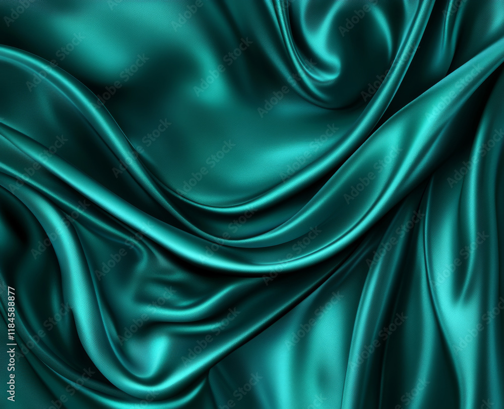 Fototapeta premium Emerald and teal satin background. Glittering waves, soft gradients, and subtle shadow details. Elegant luxury blank design.