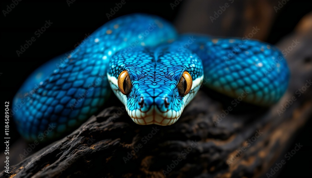 Close-up of a vibrant blue snake resting on a dark log. Close-up of a vibrant blue snake resting on a dark log.