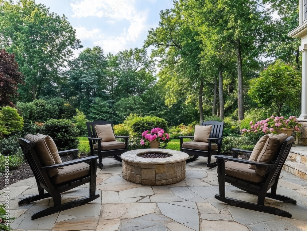 Obraz premium A group of four chairs are arranged around a fire pit in a backyard