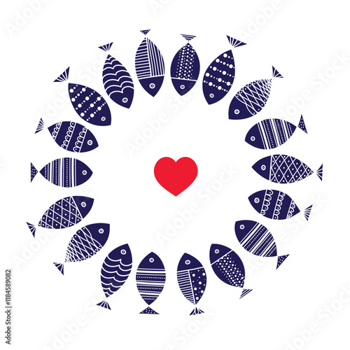 Cute love card. Around motif with fishes. interior poster