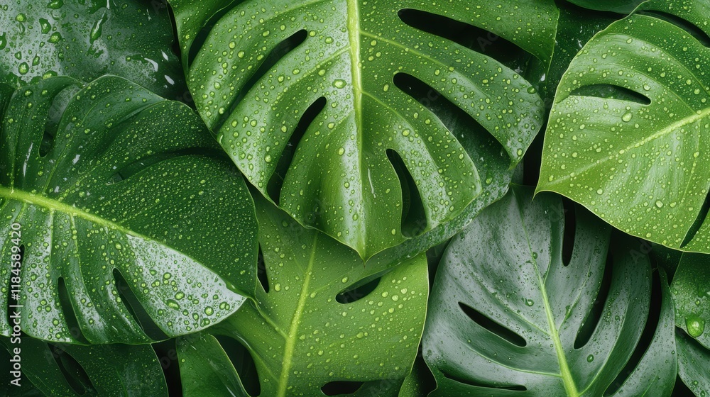Fototapeta premium Close-up Portrait of Dewdrops Forming on Lush Green Leaves in Nature's Beauty and Serenity Captured in Vibrant Detail