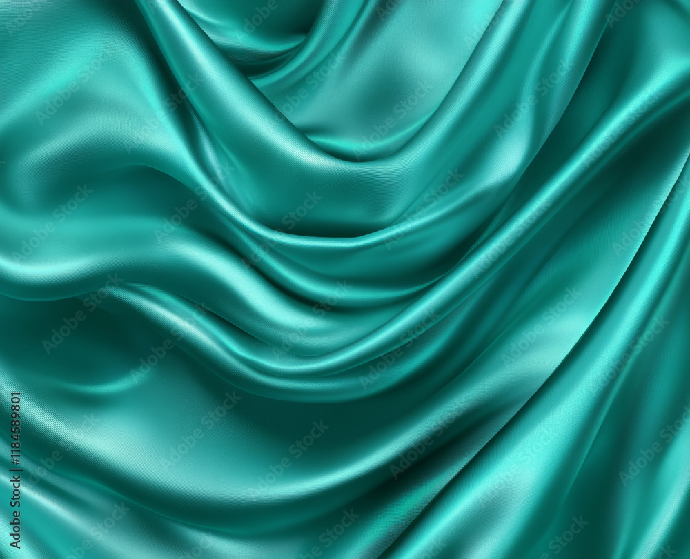 Fototapeta premium Emerald and teal satin background. Glittering waves, soft gradients, and subtle shadow details. Elegant luxury blank design.
