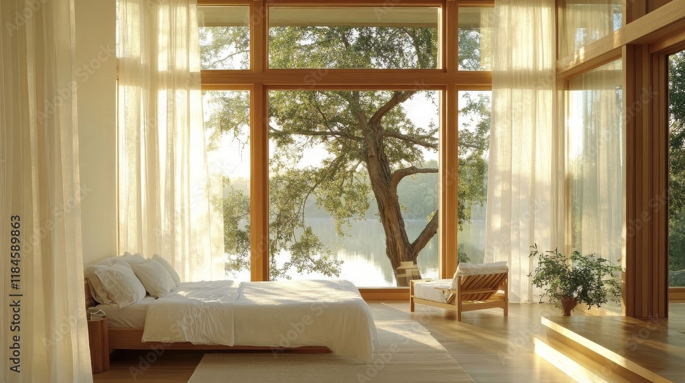 Serene bedroom featuring floor-to-ceiling windows and light wooden furniture for a tranquil atmosphere Serene bedroom featuring floor-to-ceiling windows and light wooden furniture for a tranquil atmosphere