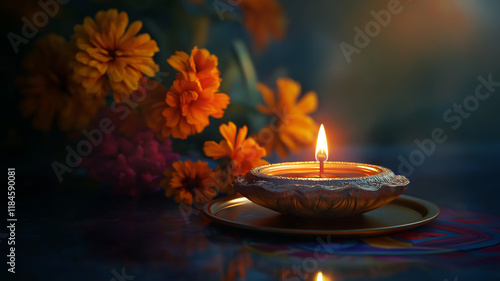  Photograph of a diya (oil lamp) placed on a decorated golden plate with vibrant marigold flowers and colorful rangoli in the background photo