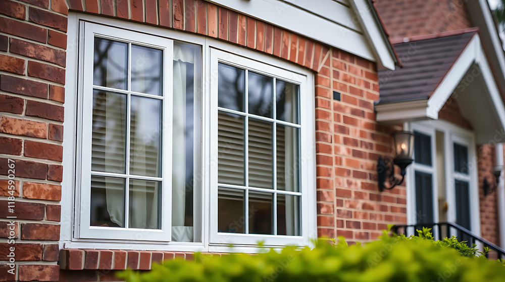 A white framed bay window with multiple panes is set into a red brick house. The window has blinds. Part of another window and a brick exterior are visible. Green foliage is in the foreground. A white framed bay window with multiple panes is set into a red brick house. The window has blinds. Part of another window and a brick exterior are visible. Green foliage is in the foreground.