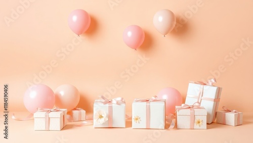 A plain champagne beige background with rose gold balloons and gifts wrapped with soft pink ribbons, Plain space in the center for editing, can be used as backgrounds for Anniversaries, birthdays etc