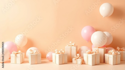 A plain champagne beige background with rose gold balloons and gifts wrapped with soft pink ribbons, Plain space in the center for editing, can be used as backgrounds for Anniversaries, birthdays etc