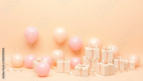 A plain champagne beige background with rose gold balloons and gifts wrapped with soft pink ribbons, Plain space in the center for editing, can be used as backgrounds for Anniversaries, birthdays etc
