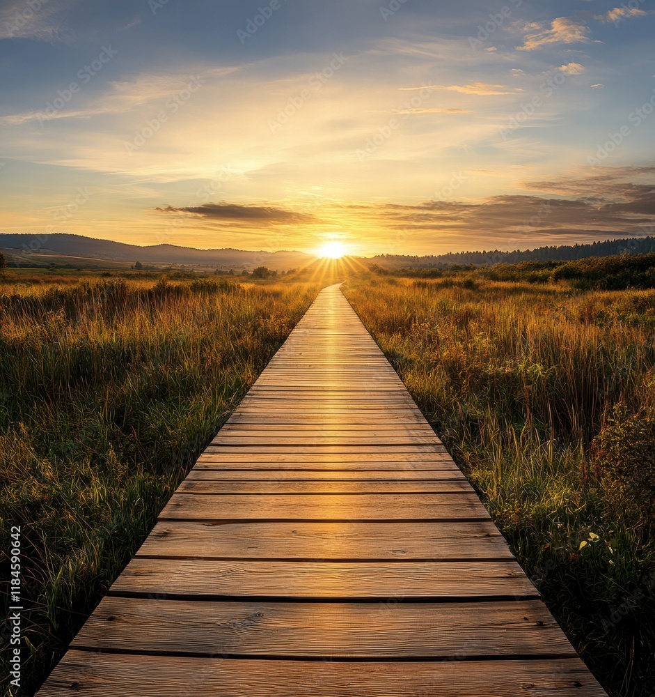 Fototapeta premium A wooden bridge spans a field of tall grass