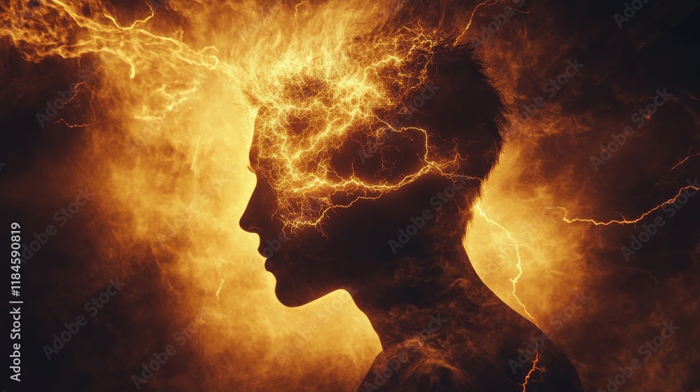 Mystical silhouette of a man intertwined with glowing Greek gods and radiant lightning Mystical silhouette of a man intertwined with glowing Greek gods and radiant lightning