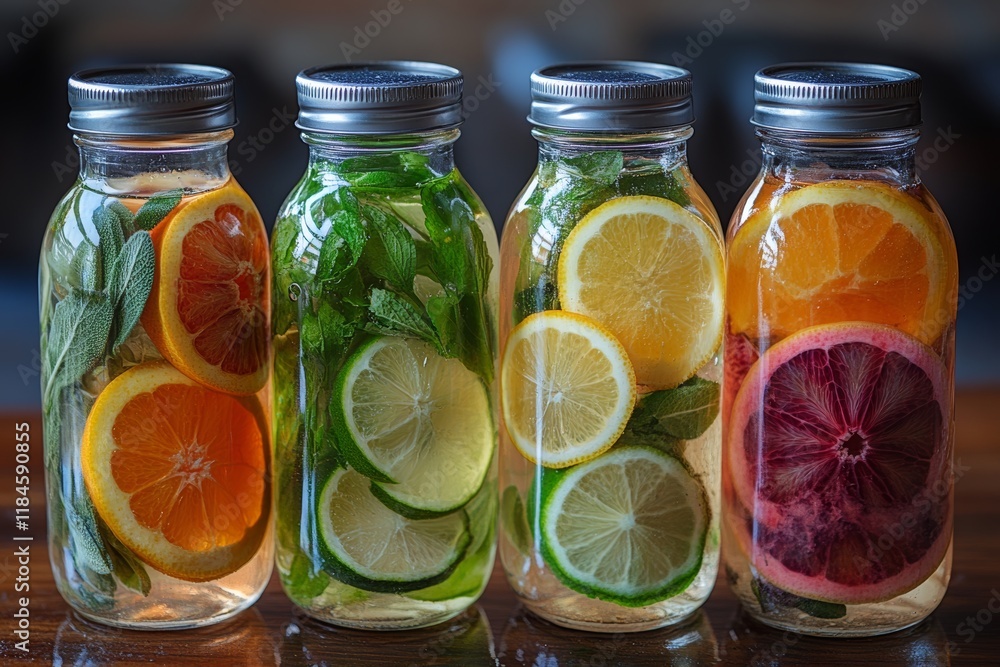 Water infused with citrus and herbs in glass bottles Water infused with citrus and herbs in glass bottles