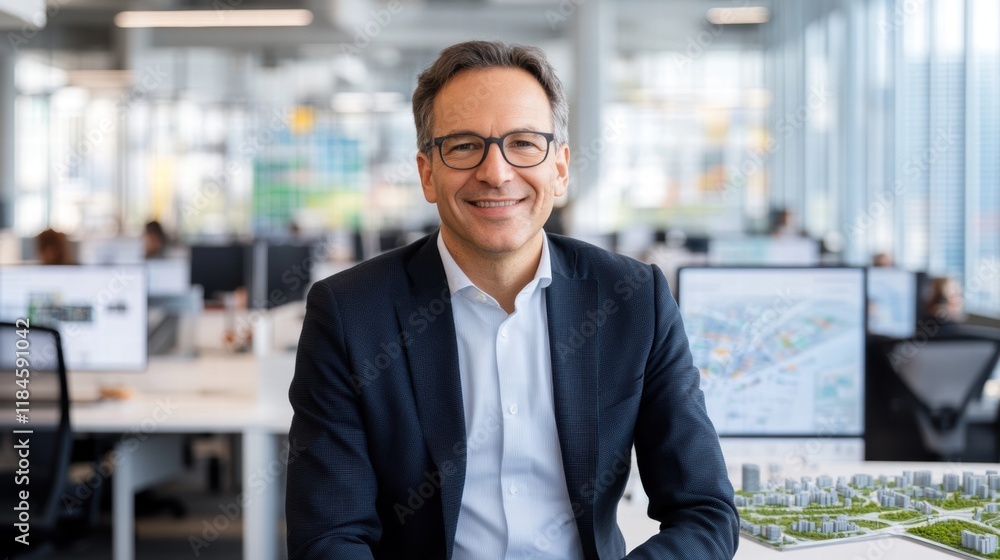 Obraz premium Professional Portrait of an Urban Planner Showcasing Digital Projects in a Modern Office Environment with a City Model and Technology Infographics