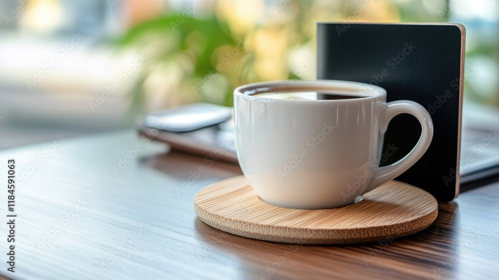 White coffee cup on wooden coaster, notebook background