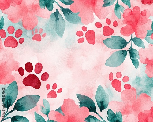 A vibrant watercolor pattern featuring floral designs and playful paw prints, blending shades of pink and green in a whimsical composition.