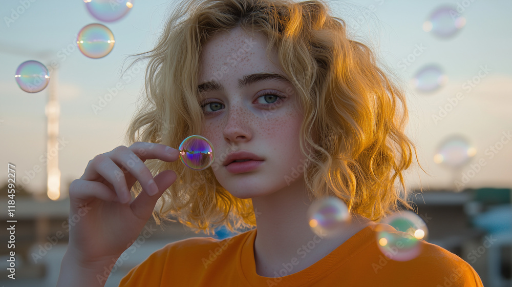 Playful Blonde Woman Balancing a Bubble in the Sunlight Playful Blonde Woman Balancing a Bubble in the Sunlight