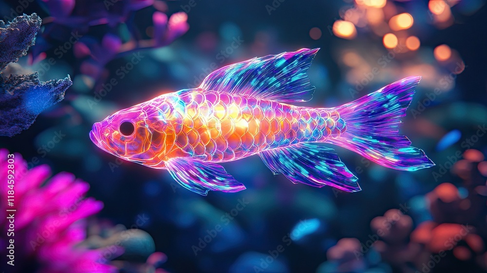A 3D holographic fish with neon-colored scales, swimming in an abstract aquatic world, evoking the deep sea. fish, aquarium, goldfish, animal, isolated, water, gold, pet, underwater, tropical, sea, na A 3D holographic fish with neon-colored scales, swimming in an abstract aquatic world, evoking the deep sea. fish, aquarium, goldfish, animal, isolated, water, gold, pet, underwater, tropical, sea, na