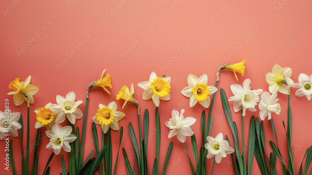 Fototapeta premium Beautiful yellow and white daffodils blooming on a vibrant coral background with ample copy space. Fresh spring floral border of narcissus flowers, perfect for seasonal greetings and designs.