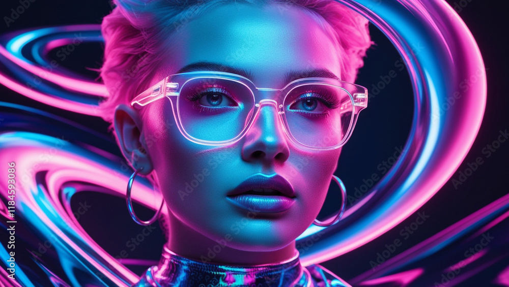 Fototapeta premium A surreal portrait of a DJ in action, blending art and reality with vibrant abstract waves of pink, blue and orange flowing around their faces.