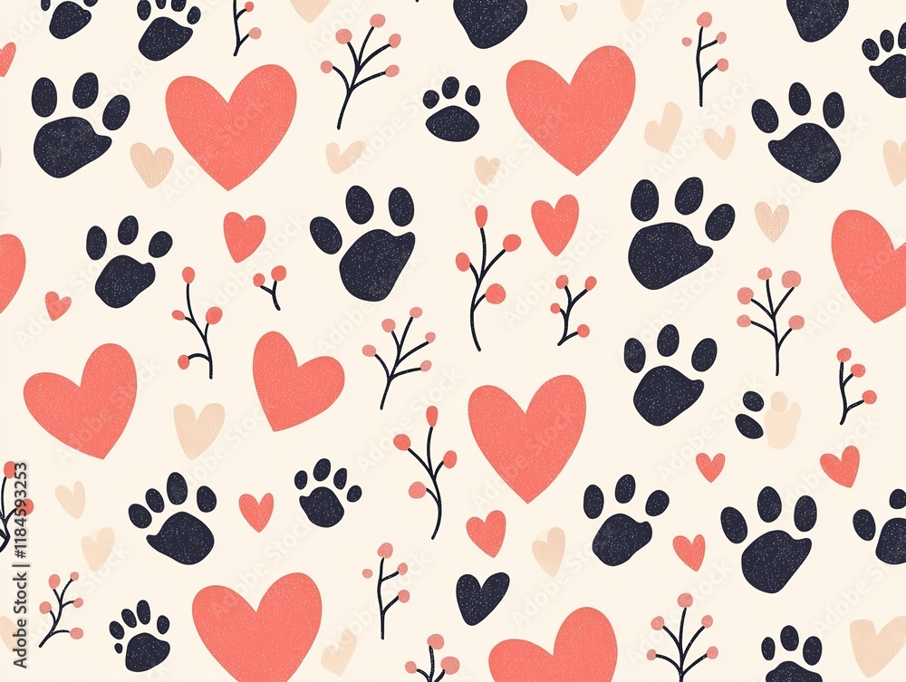 A playful pattern featuring hearts and paw prints, set against a light background, conveying warmth and affection for pets. A playful pattern featuring hearts and paw prints, set against a light background, conveying warmth and affection for pets.