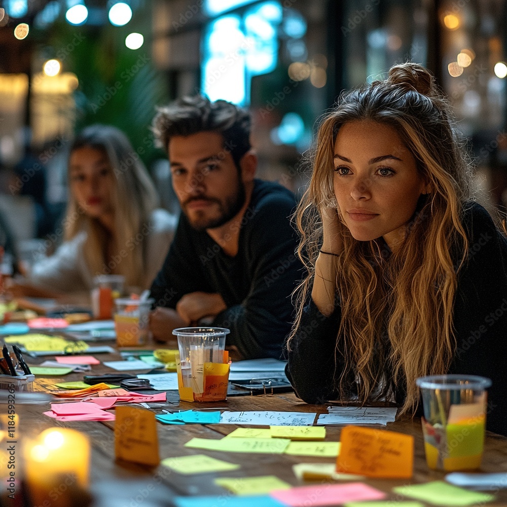 Fototapeta premium A group of individuals engaged in a brainstorming session with colorful sticky notes and drinks.