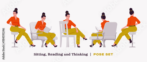 Modern businesswoman sit, read pose set. Business lady in high waisted pants, loose office work long trousers with belt, attractive classy blouse female model. Vector flat style cartoon illustration