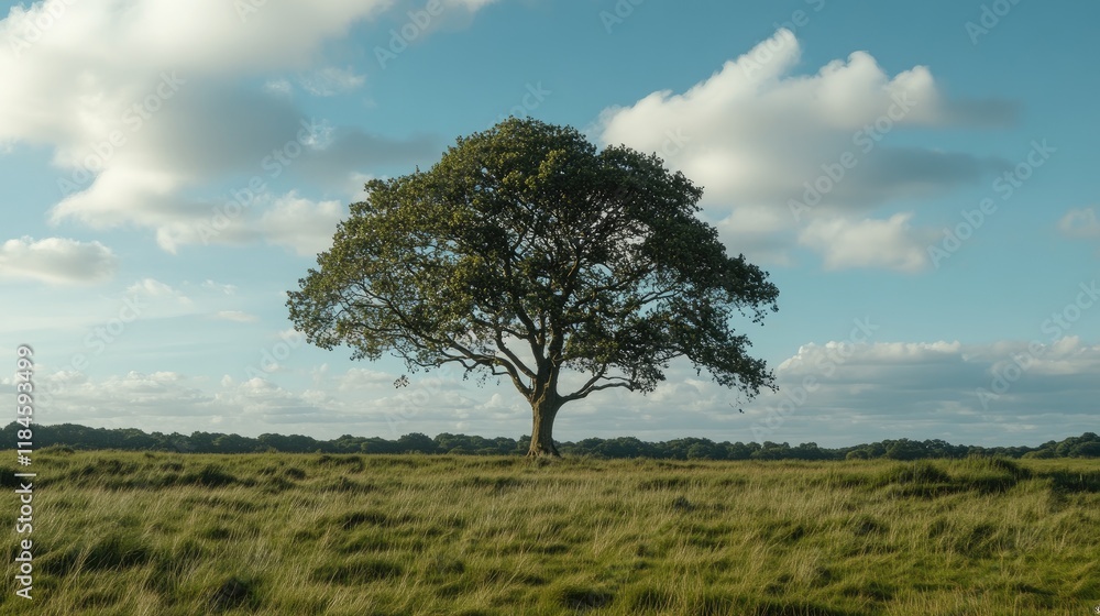Obraz premium A tree growing tall and strong in the middle of a field, surrounded by green grass and blue skies.
