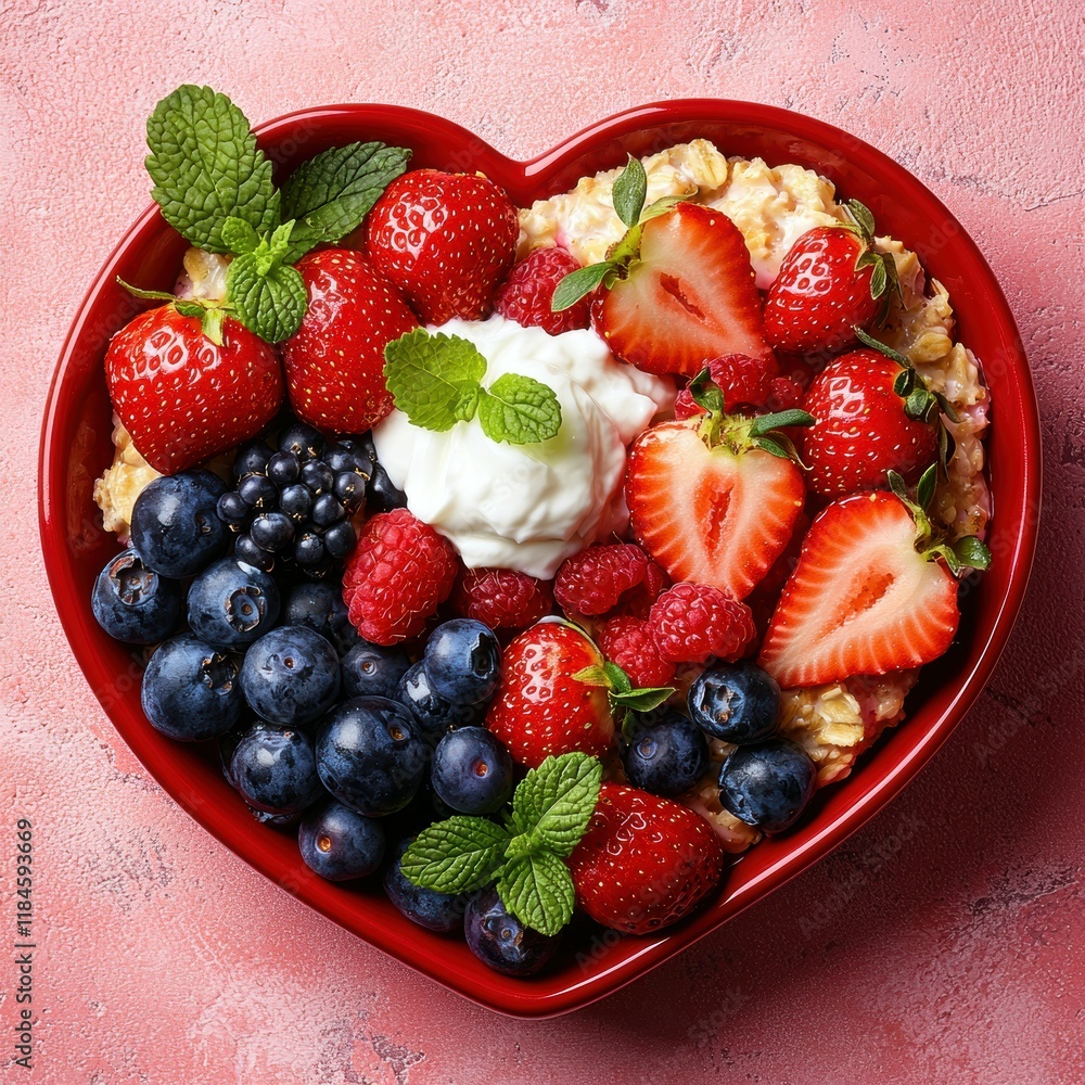 Obraz premium Heart-shaped bowl filled with colorful berries and creamy yogurt for a fresh breakfast.